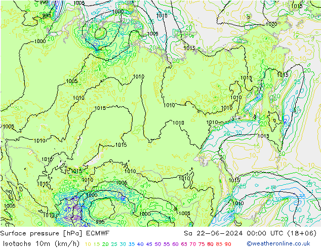 Isotachs (kph) ECMWF sab 22.06.2024 00 UTC