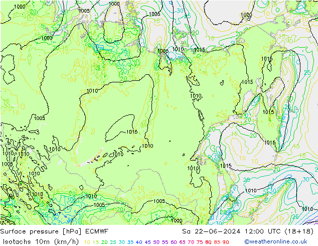 Isotachs (kph) ECMWF  22.06.2024 12 UTC