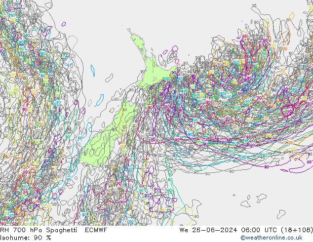 RH 700 hPa Spaghetti ECMWF We 26.06.2024 06 UTC