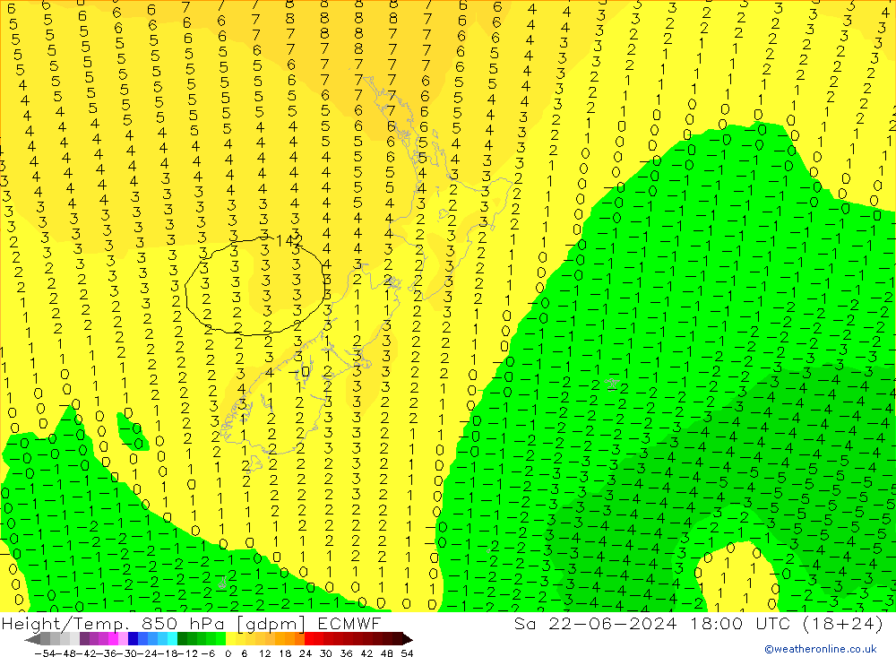 Height/Temp. 850 hPa ECMWF Sa 22.06.2024 18 UTC