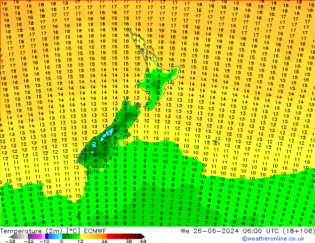 Temperatura (2m) ECMWF mer 26.06.2024 06 UTC