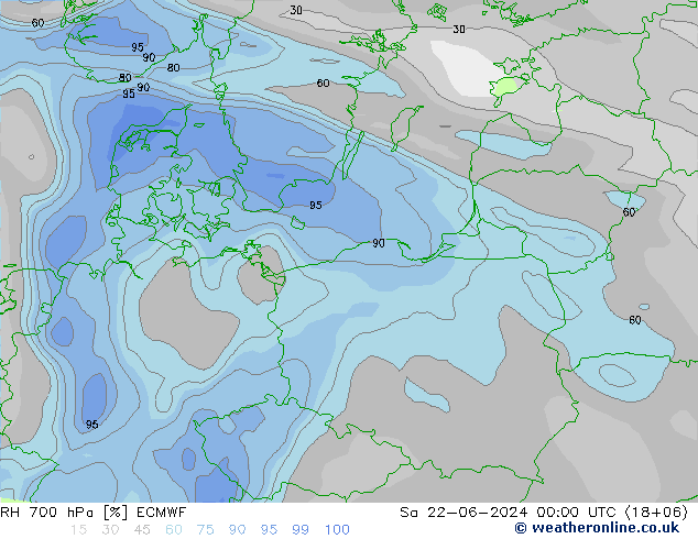 RH 700 гПа ECMWF сб 22.06.2024 00 UTC