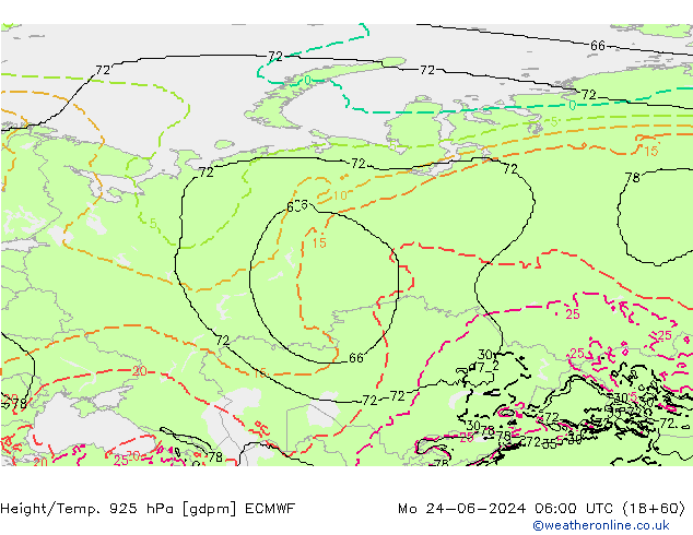 Yükseklik/Sıc. 925 hPa ECMWF Pzt 24.06.2024 06 UTC