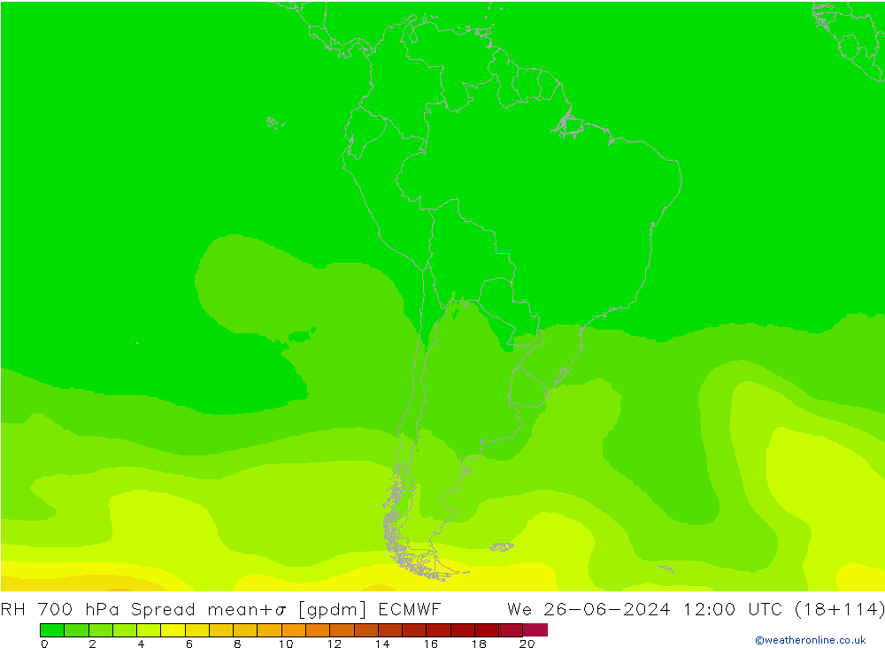 Humedad rel. 700hPa Spread ECMWF mié 26.06.2024 12 UTC