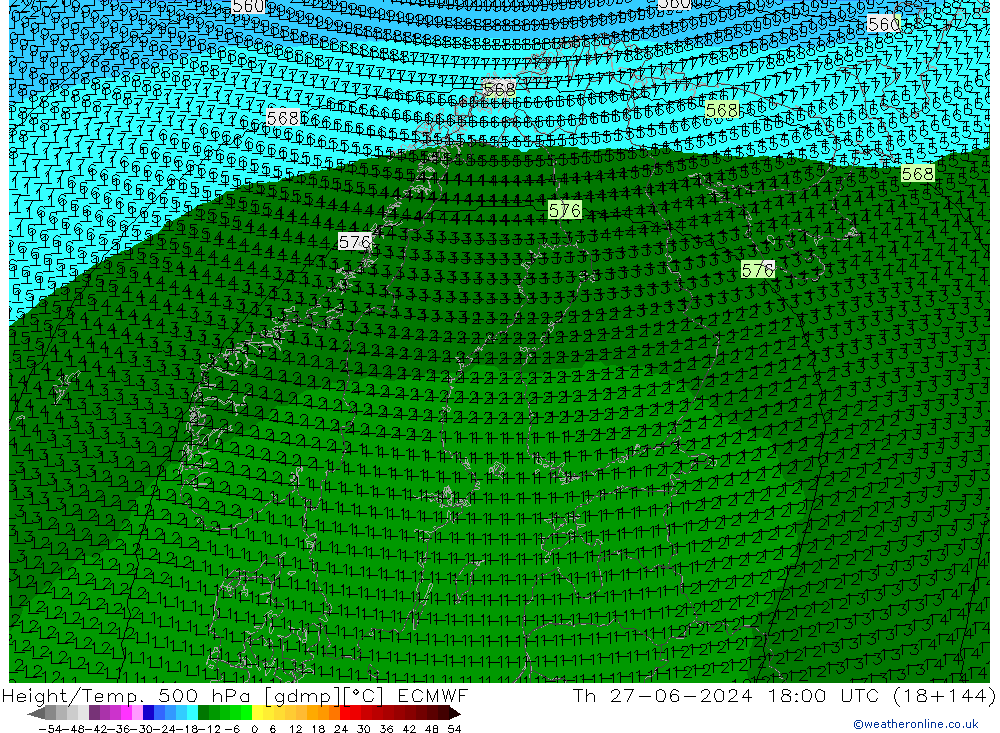 Height/Temp. 500 hPa ECMWF Qui 27.06.2024 18 UTC