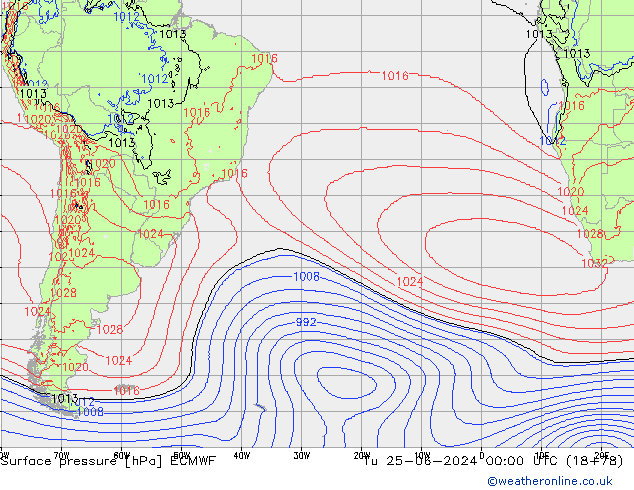 Atmosférický tlak ECMWF Út 25.06.2024 00 UTC