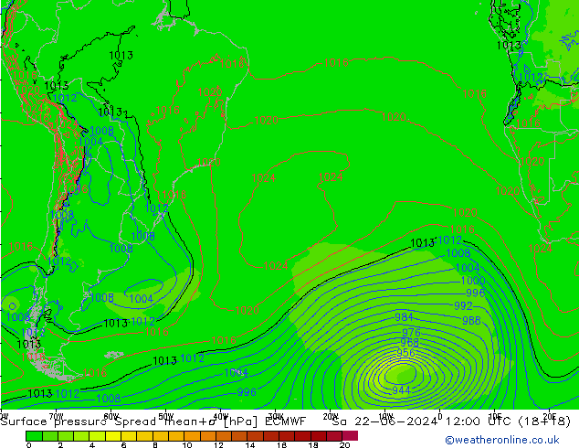 Pressione al suolo Spread ECMWF sab 22.06.2024 12 UTC