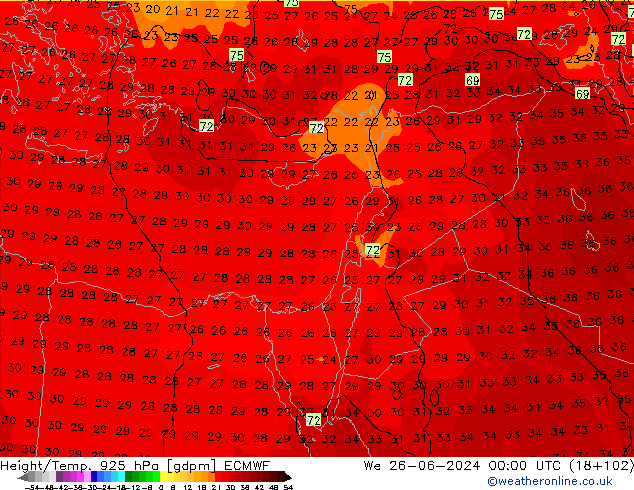 Height/Temp. 925 hPa ECMWF We 26.06.2024 00 UTC