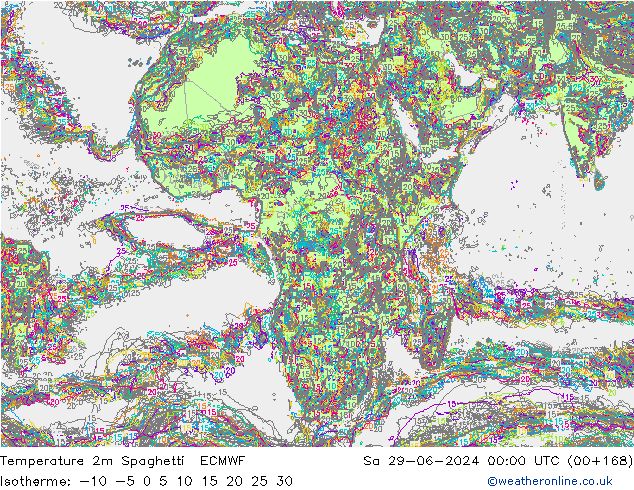 mapa temperatury 2m Spaghetti ECMWF so. 29.06.2024 00 UTC