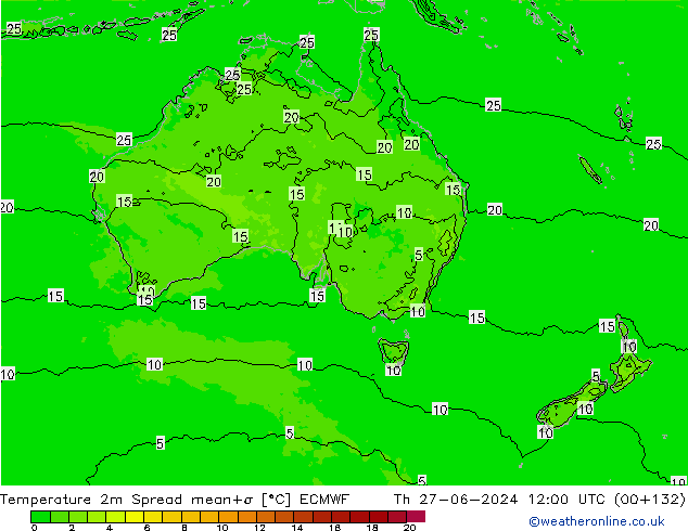 température 2m Spread ECMWF jeu 27.06.2024 12 UTC