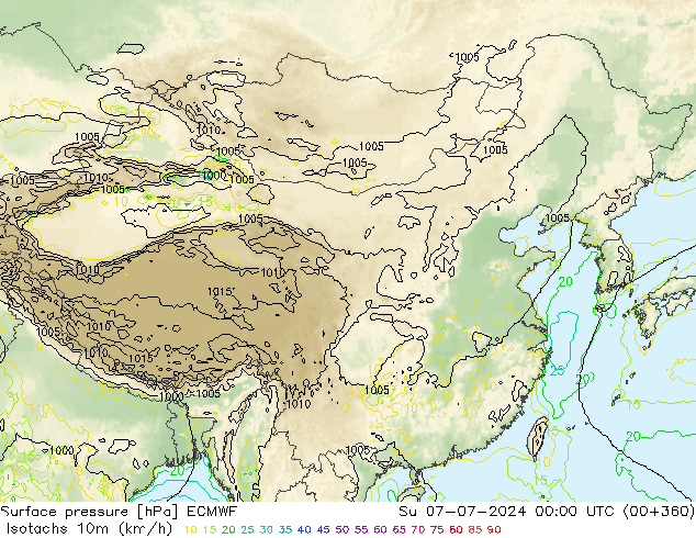 10米等风速线 (kph) ECMWF 星期日 07.07.2024 00 UTC