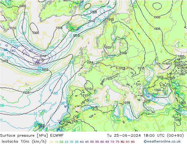 Isotachs (kph) ECMWF Tu 25.06.2024 18 UTC