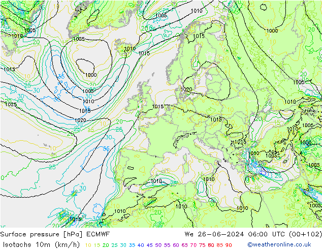 Isotachs (kph) ECMWF  26.06.2024 06 UTC