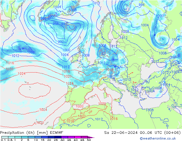 Precipitation (6h) ECMWF Sa 22.06.2024 06 UTC