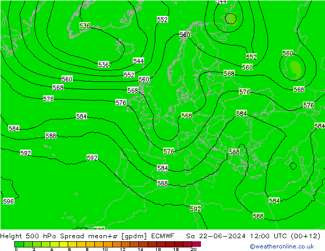 Height 500 hPa Spread ECMWF 星期六 22.06.2024 12 UTC