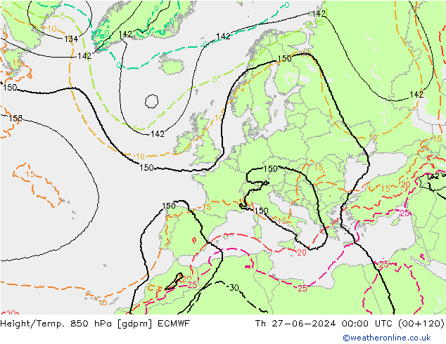 Height/Temp. 850 гПа ECMWF чт 27.06.2024 00 UTC