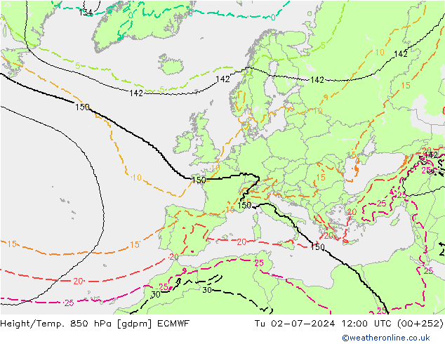 Height/Temp. 850 hPa ECMWF Tu 02.07.2024 12 UTC