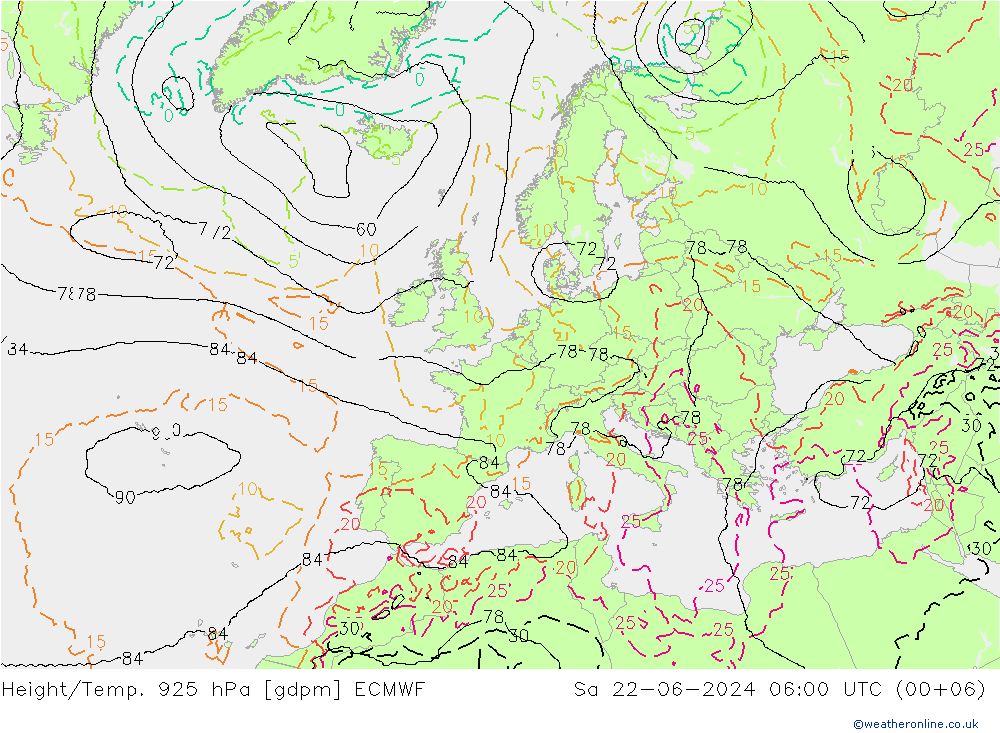 Height/Temp. 925 hPa ECMWF 星期六 22.06.2024 06 UTC