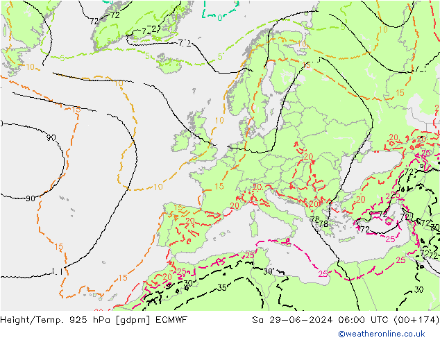 Géop./Temp. 925 hPa ECMWF sam 29.06.2024 06 UTC