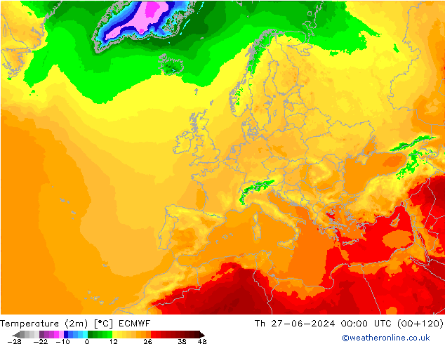 Temperature (2m) ECMWF Th 27.06.2024 00 UTC