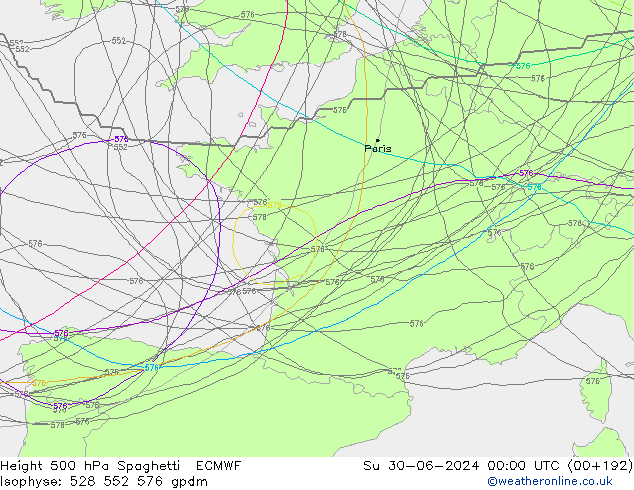 Geop. 500 hPa Spaghetti ECMWF dom 30.06.2024 00 UTC