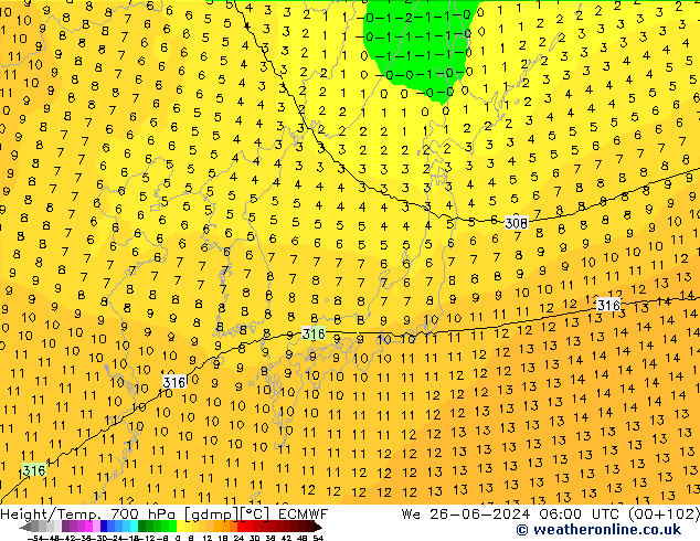 Geop./Temp. 700 hPa ECMWF mié 26.06.2024 06 UTC