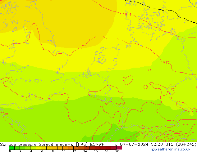 Surface pressure Spread ECMWF Tu 02.07.2024 00 UTC