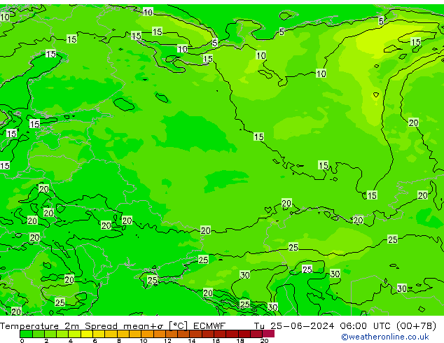 Temperatuurkaart Spread ECMWF di 25.06.2024 06 UTC