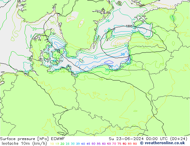 Izotacha (km/godz) ECMWF nie. 23.06.2024 00 UTC