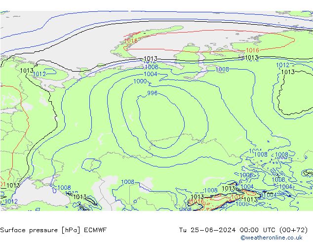 Surface pressure ECMWF Tu 25.06.2024 00 UTC