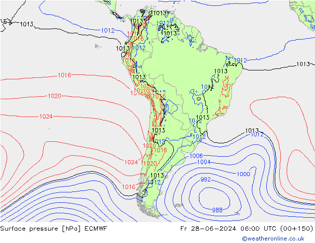 Presión superficial ECMWF vie 28.06.2024 06 UTC