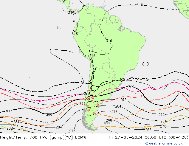 Geop./Temp. 700 hPa ECMWF jue 27.06.2024 06 UTC