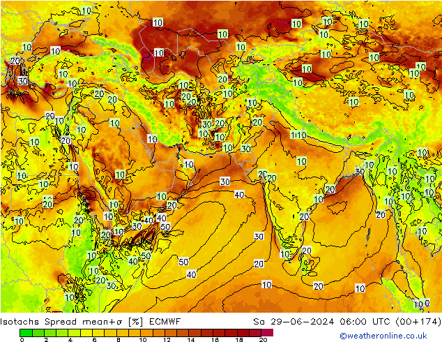 Isotachs Spread ECMWF 星期六 29.06.2024 06 UTC