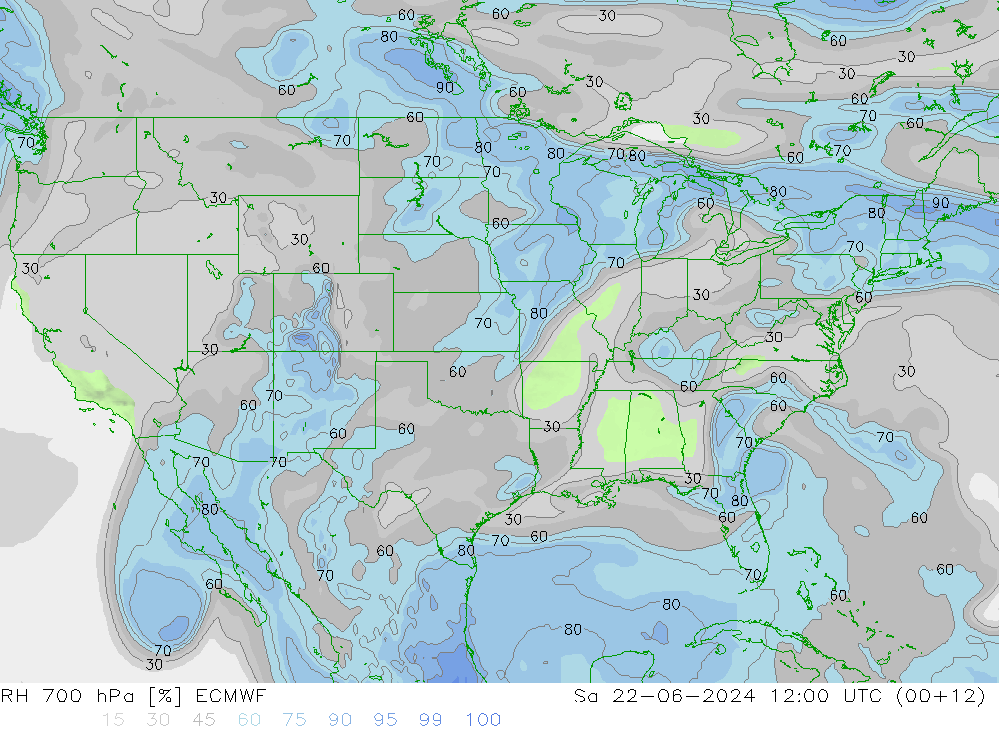 RH 700 hPa ECMWF Sáb 22.06.2024 12 UTC