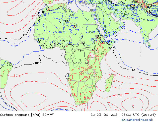 Luchtdruk (Grond) ECMWF zo 23.06.2024 06 UTC