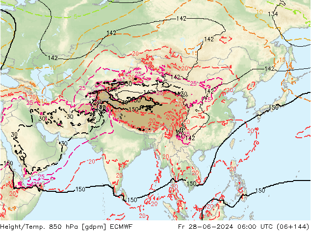 Geop./Temp. 850 hPa ECMWF vie 28.06.2024 06 UTC