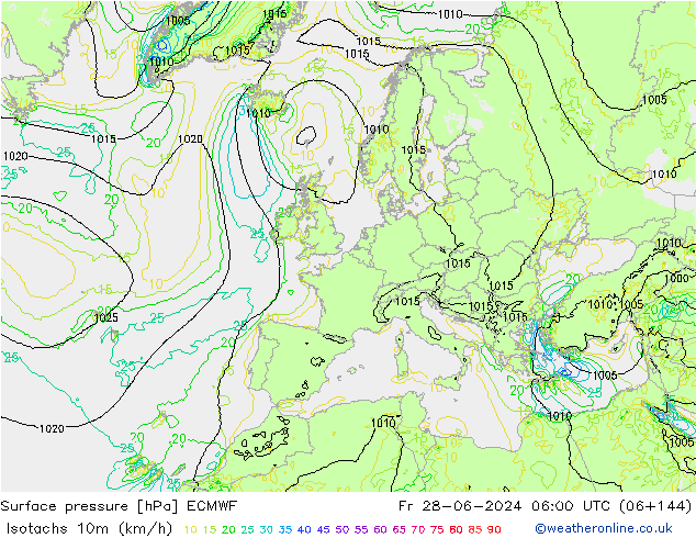 Isotachs (kph) ECMWF Fr 28.06.2024 06 UTC