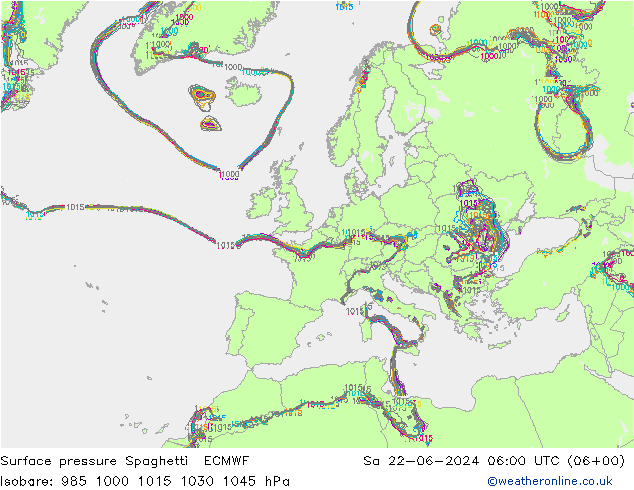 Atmosférický tlak Spaghetti ECMWF So 22.06.2024 06 UTC