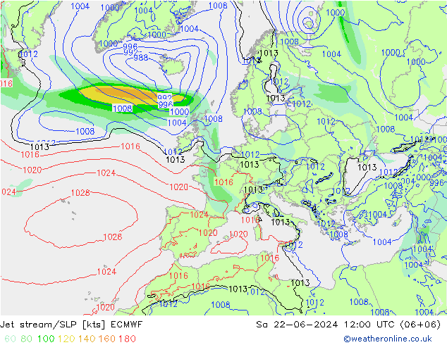 高速氣流/地面气压 ECMWF 星期六 22.06.2024 12 UTC