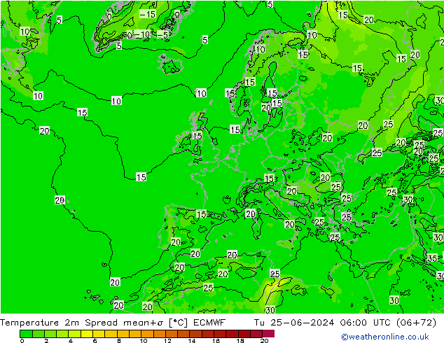 mapa temperatury 2m Spread ECMWF wto. 25.06.2024 06 UTC