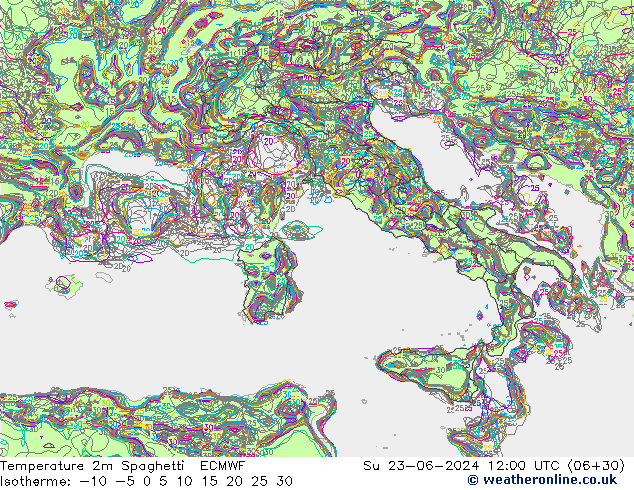 Temperature 2m Spaghetti ECMWF Su 23.06.2024 12 UTC