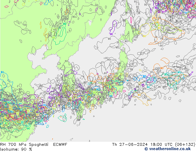 RH 700 hPa Spaghetti ECMWF Th 27.06.2024 18 UTC