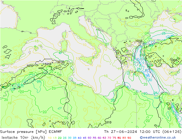 Isotachs (kph) ECMWF Th 27.06.2024 12 UTC