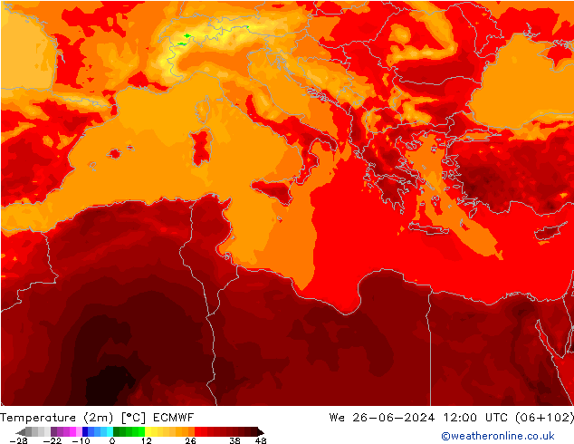 Temperature (2m) ECMWF We 26.06.2024 12 UTC