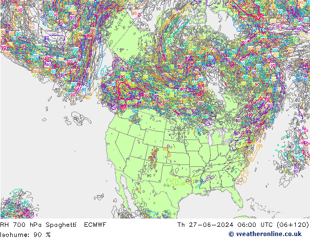 RH 700 гПа Spaghetti ECMWF чт 27.06.2024 06 UTC