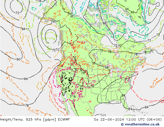 Height/Temp. 925 hPa ECMWF Sa 22.06.2024 12 UTC