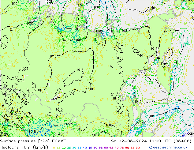 Isotachs (kph) ECMWF  22.06.2024 12 UTC