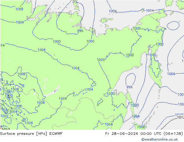 Presión superficial ECMWF vie 28.06.2024 00 UTC