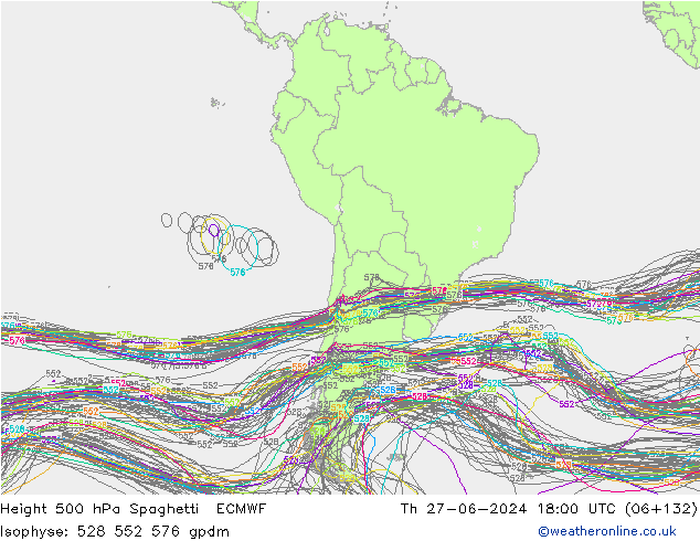 Height 500 hPa Spaghetti ECMWF Qui 27.06.2024 18 UTC