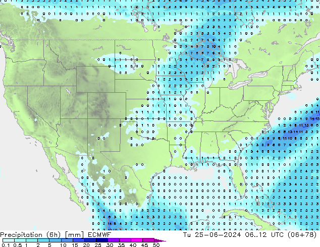 Precipitation (6h) ECMWF Tu 25.06.2024 12 UTC